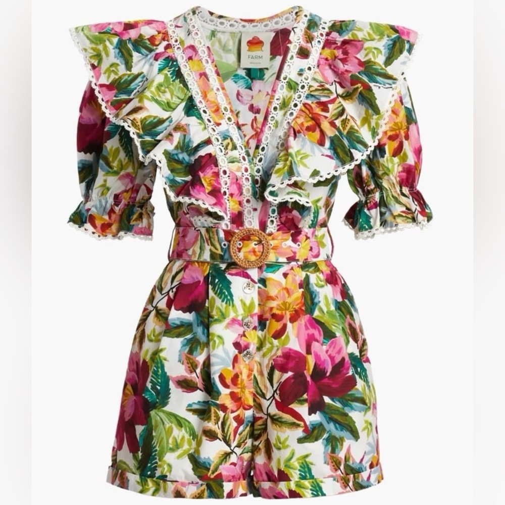 NEW FARM Rio Tropical Floral Lace Jumpsuit Romper short sleeve resort summer